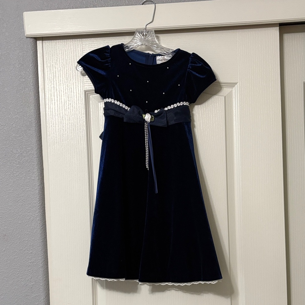 Rare Editions Navy Velvet Dress with Pearl Details